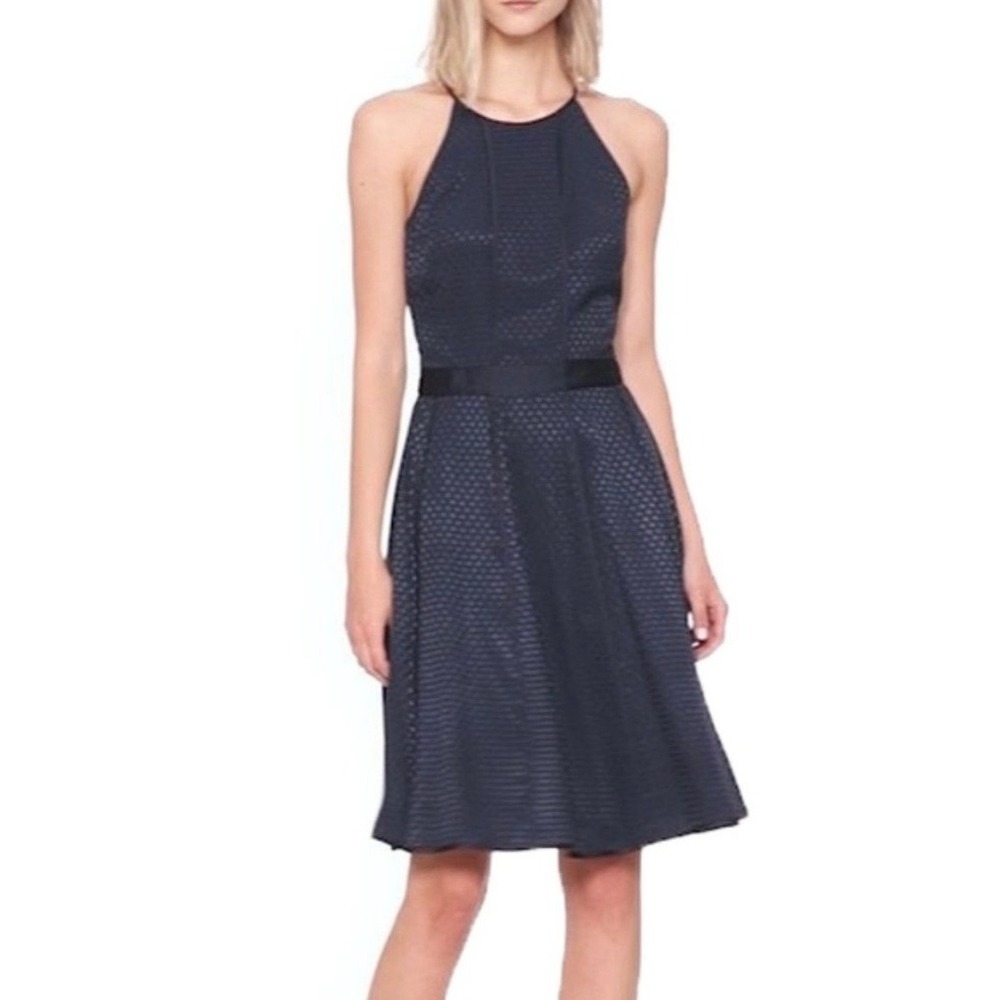 Banana Republic Navy Blue Polka Dot Jacquard Halter Fit & Flare Dress 16 326373